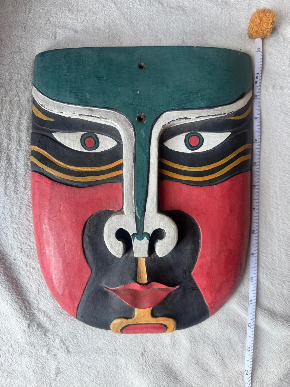 Handcrafted Tribal Mask Art in Red, Black & Teal Vintage Wall Hanging